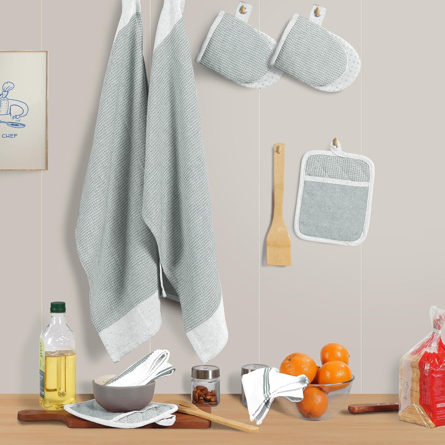 Casa Platino 8-Piece Mini Oven Mitt & Pot Holder Set – 500°F Heat Resistant with Silicone Grip, Includes 2 Kitchen Towels & 2 Dish Cloths for Drying – Non-Slip, Durable, Machine Washable – Grey