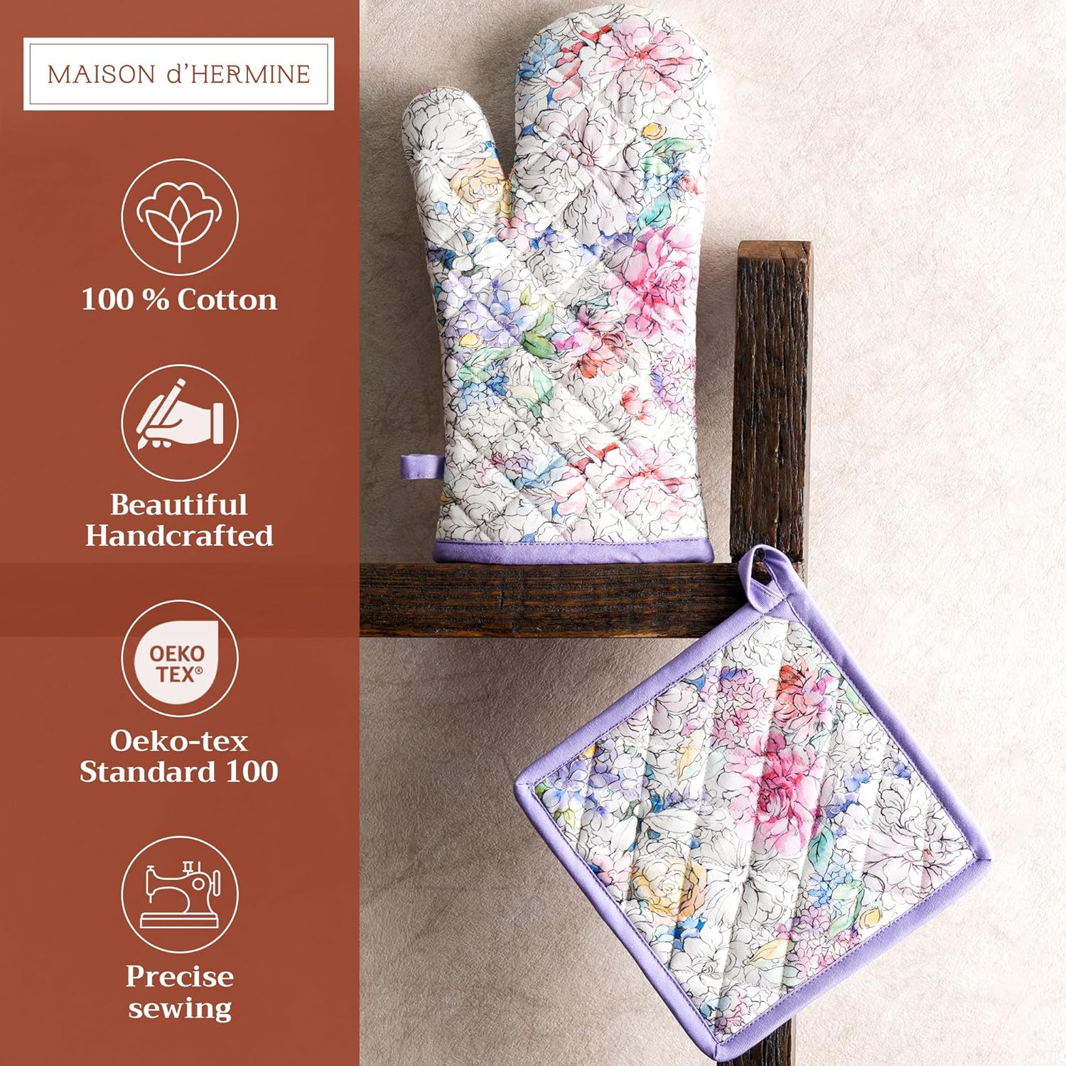 Maison d' Hermine 100% Cotton Oven Mitt & Pot Holder Set (7.5"x13" & 8"x8") Heat Resistant BBQ Cooking Gloves with Loop, Baking, Grilling, Kitchen, Handling Hot Pans Spring/Summer (Floral Love)