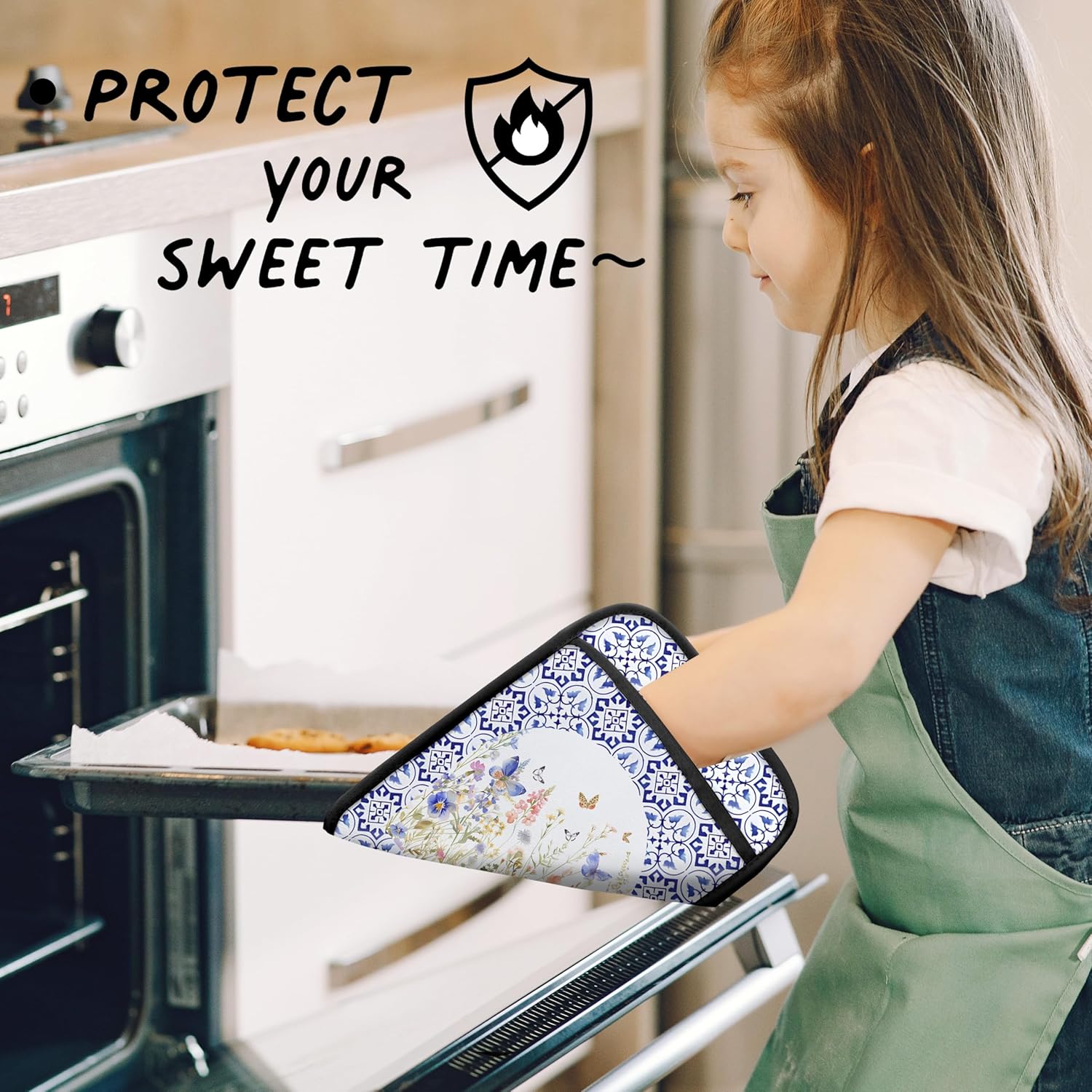 Colorful Wildflowers Floral Oven Mitts Set, Blue and White Heat Resistant Kitchen Oven Gloves for Baking and Cooking,Pot Holders