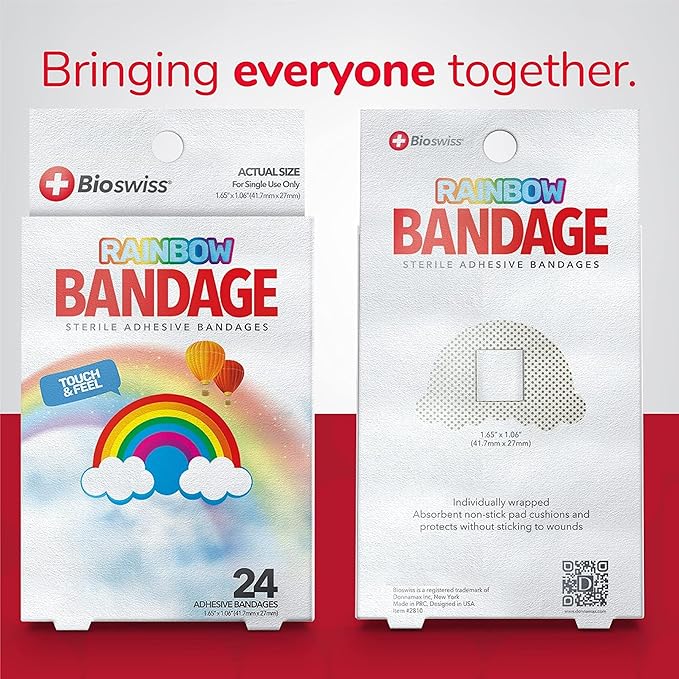 BioSwiss Bandages, Rainbow Shaped Self Adhesive Bandage, Latex Free Sterile Wound Care, Fun First Aid Kit Supplies for Kids, 24 Count