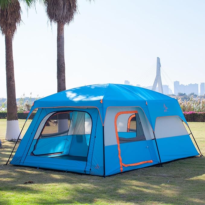 KTT Extra Large Tent 10-12-14 Person(A),Family Cabin Tents,2 Rooms,3 Doors and 3 Windows with Mesh,Straight Wall,Waterproof,Double Layer,Big Tent for Outdoor,Picnic,Camping,Family Gathering