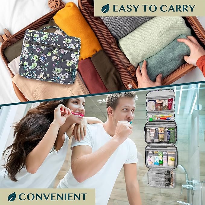 PAVILIA Hanging Toiletry Bag Women Men, Foldable Cosmetic Organizer Travel Bag, Water Resistant Makeup Bag Toiletries, Large Travel Essentials Kit (Grey Floral)