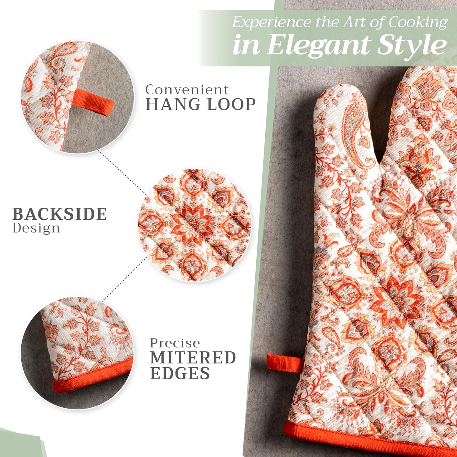 Maison d' Hermine 100% Cotton Oven Mitt & Pot Holder Set (7.5"x13" & 8"x8") Heat Resistant BBQ Cooking Gloves with Loop, Baking, Grilling, Kitchen, Handling Hot Pans (Cachemire)