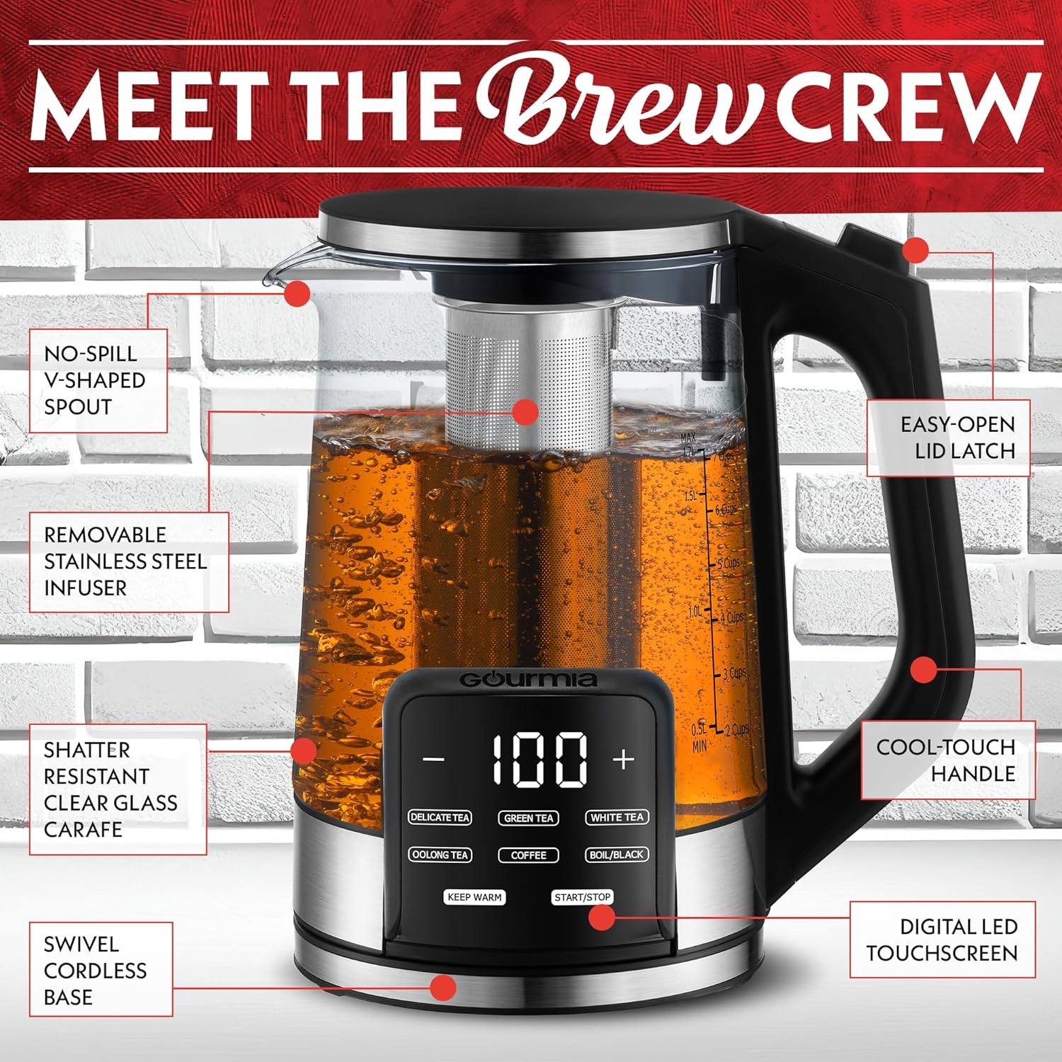 Gourmia Electric Programmable Glass Kettle – 1.7L Temperature Control Tea & Coffee Kettle with Digital Touch Display, 6 Presets, Keep Warm, Removable Stainless Steel Infuser, 360° Swivel Base – Peach