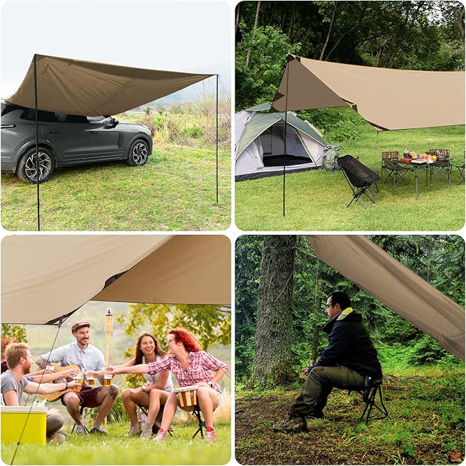 Bessport Camping Tarp, 16×9.8FT with 2 Poles, Portable Multifunctional Backpacking, PU 3000mm Waterproof Rain Fly Hammock Tarp for Outdoor,Traveling, Hilking