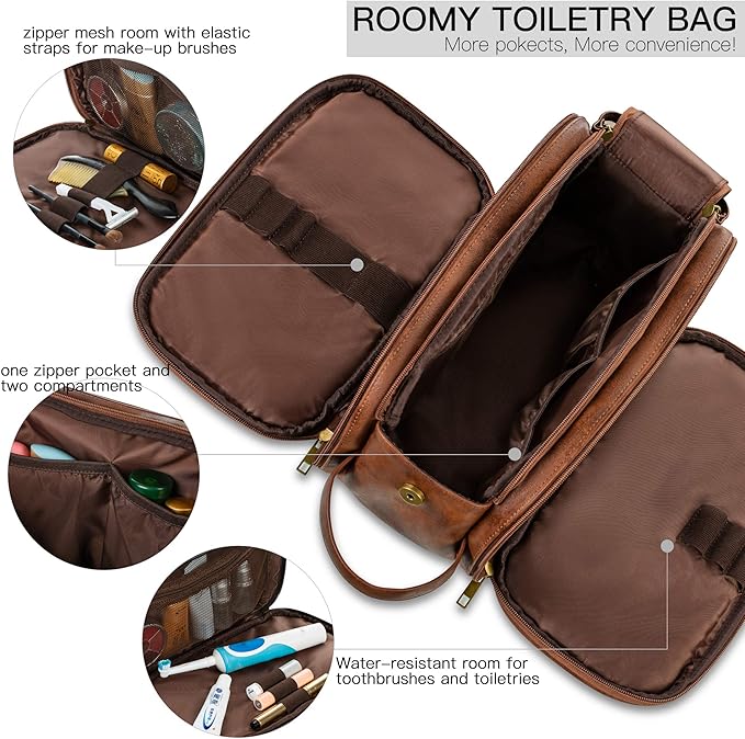 Elviros Travel Toiletry Bag for Men, Shaving Dopp Kit Water-resistant Bathroom Small Toiletries Organizer PU Leather Cosmetic Bags