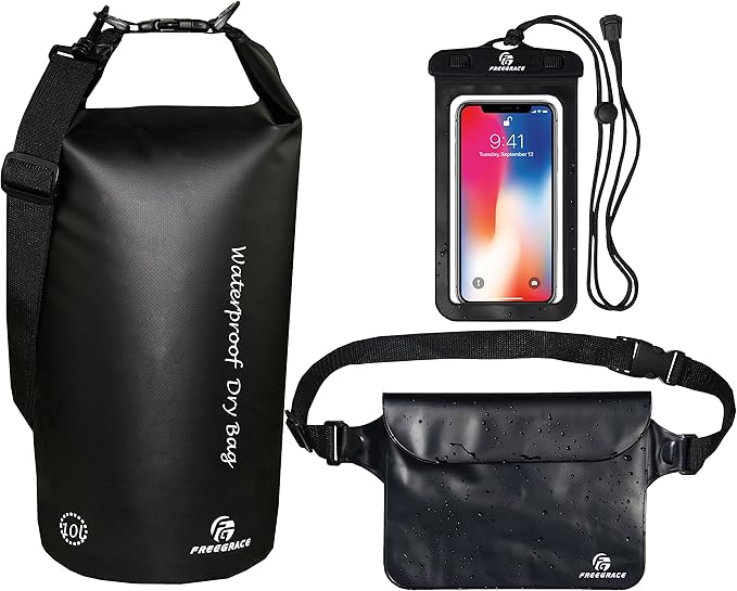 Waterproof Dry Bags Set Of 3 Dry Bag With 2 Zip Lock Seals & Detachable Shoulder Strap, Waist Pouch & Phone Case - Can Be Submerged Into Water - For Swimming (Black, 5L)