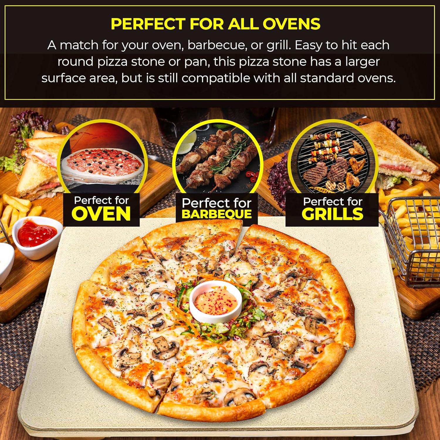 Pizza Stone - Baking Stone. SOLIDO Rectangular 14"x16" - Perfect for Oven, BBQ and Grill