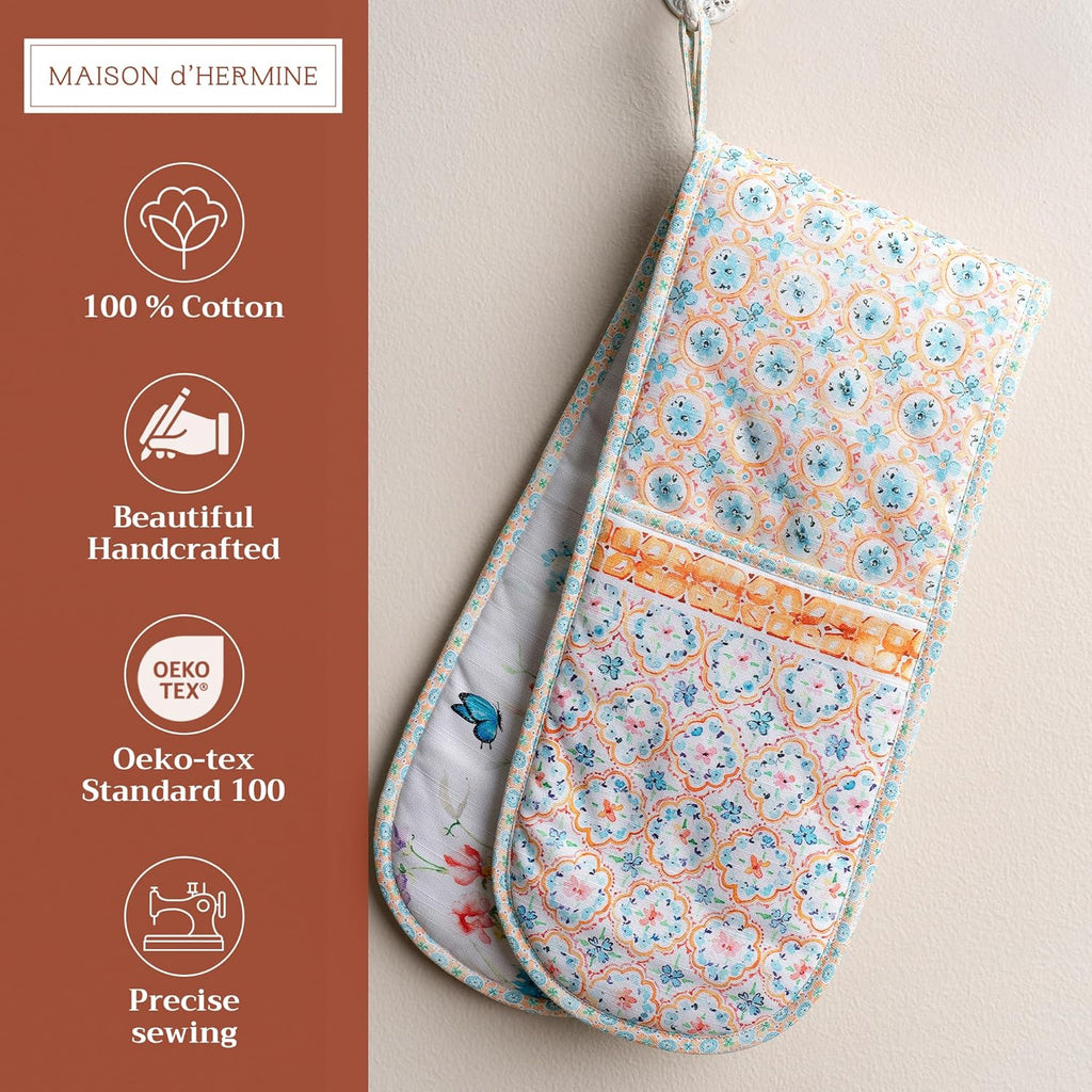 Maison d' Hermine Double Oven Mitts 100% Cotton 7"x35" Double Oven Mitt Heat Resistant BBQ Cooking Gloves with Loop, Baking, Grilling, Home, Kitchen, Handling Hot Pans Spring Summer (Summer Whisper)