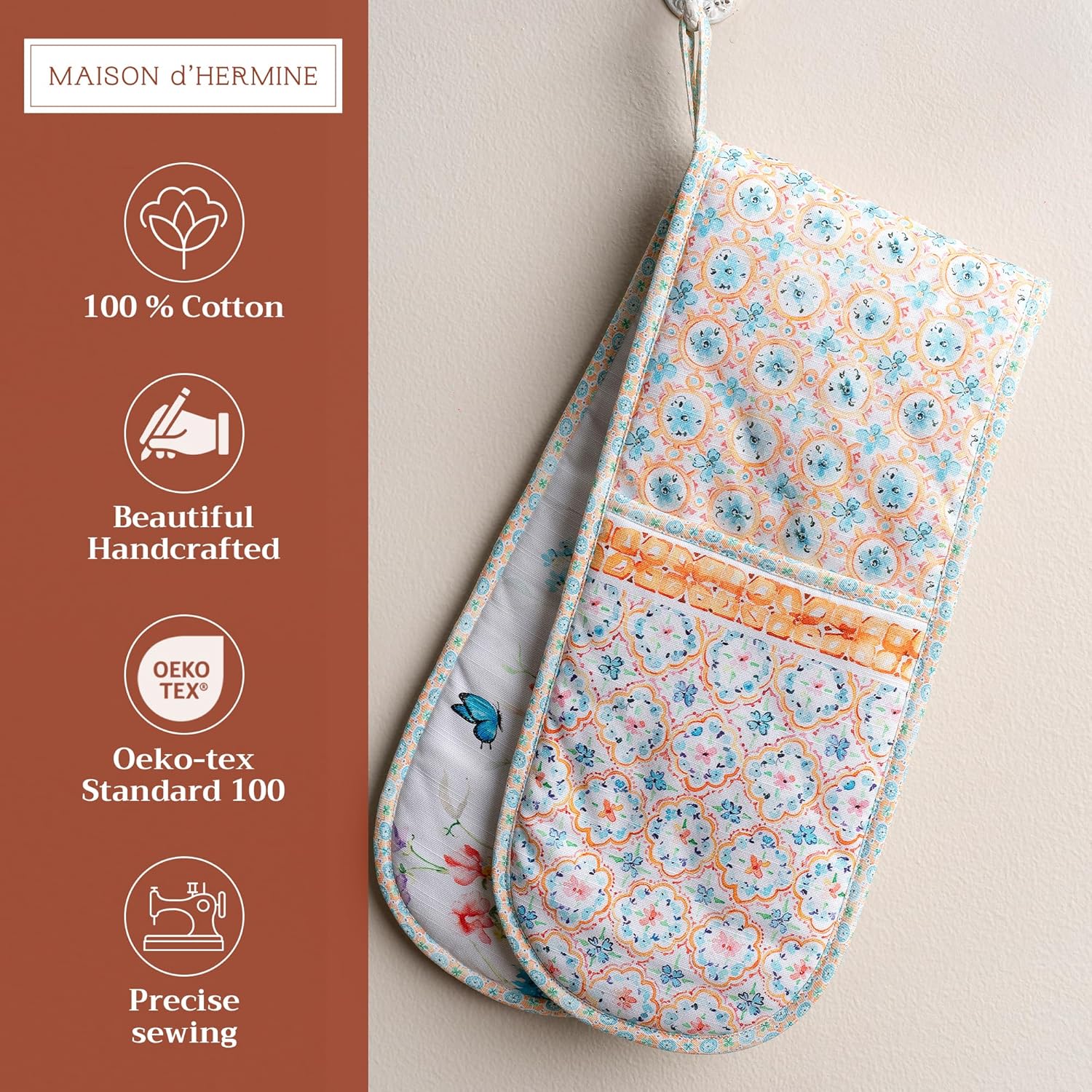 Maison d' Hermine Double Oven Mitts 100% Cotton 7"x35" Double Oven Mitt Heat Resistant BBQ Cooking Gloves with Loop, Baking, Grilling, Home, Kitchen, Handling Hot Pans Spring Summer (Summer Whisper)