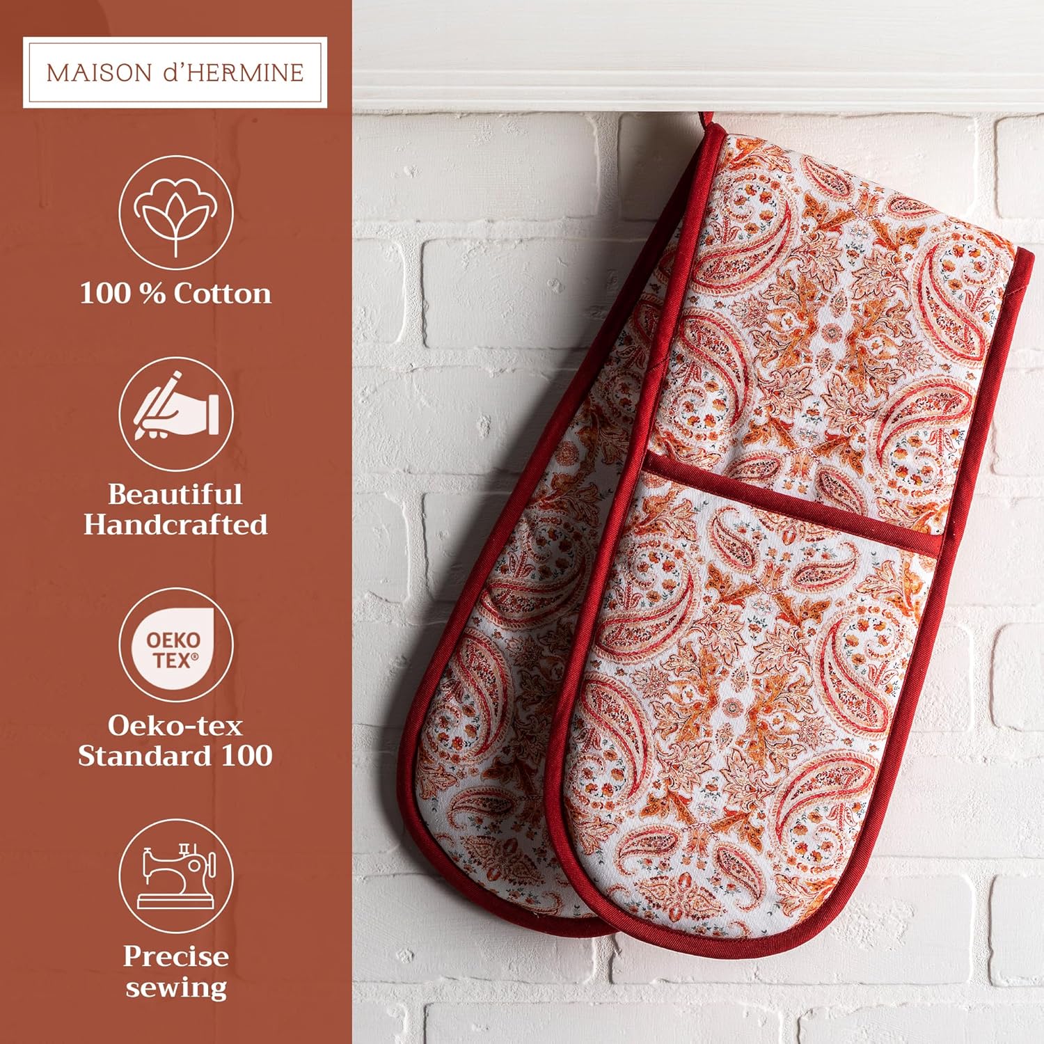 Maison d' Hermine Double Oven Mitts 100% Cotton 7"x35" Double Oven Mitt Heat Resistant BBQ Cooking Gloves with Loop, Baking, Grilling, Home, Kitchen, Handling Hot Pans (Orient)