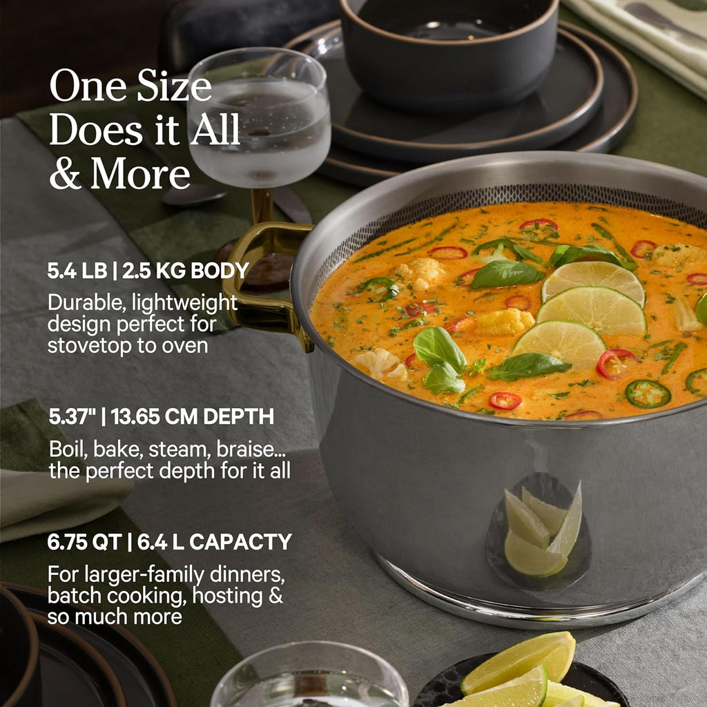 Our Place Titanium Perfect Pot Pro - 6.75 Qt No-Coating Nonstick Stock Pot | Tri-Ply Titanium & Stainless Steel | Oven-Safe up to 750°F & Compatible with All Cooktops | Includes Spoon | Gold