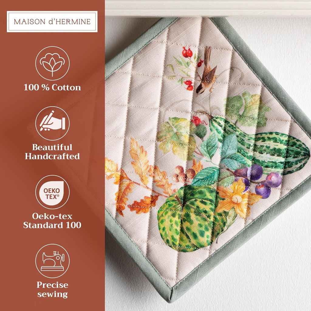 Maison d' Hermine Pot Holders Set 100% Cotton Heat Resistant Potholders 8" x 8" Hot Pads with Loop BBQ, Cooking, Baking, Grilling, Kitchen, Handling Hot Pans (Pack of 2, Lumina)