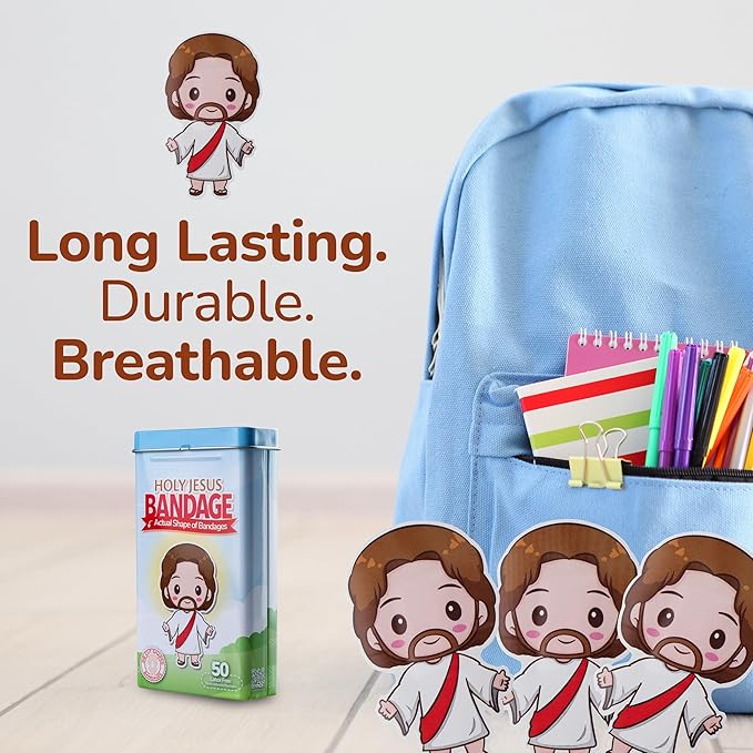 BioSwiss Bandages, Holy Jesus Shaped Self Adhesive Bandage, Latex Free Sterile Wound Care, Fun First Aid Kit Supplies for Kids and Adults, 50 Count