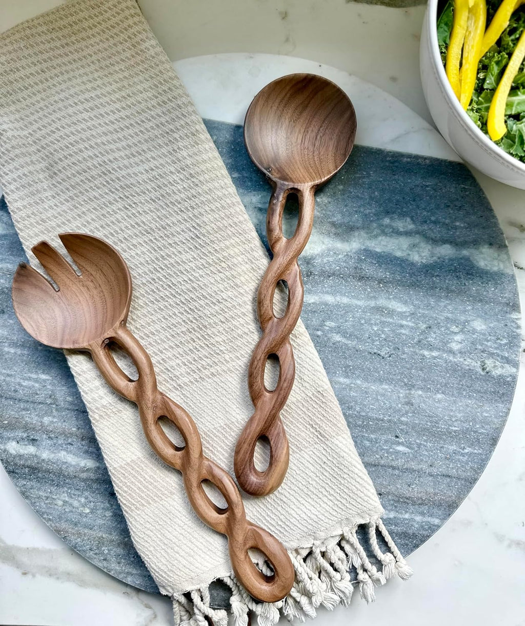 13" Wooden Salad Tongs For Serving, Walnut Kitchen Utensils Set, Salad Servers Mixing Dinner Fork and Spoon Long Handle, Housewarming Gift Ideas, Set of 2 (Walnut Wood)