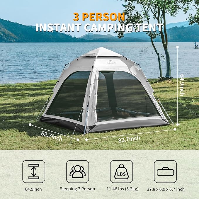 Naturehike Upgraded Ango 3-4 Person Blackout Tent,Instant Pop up Tents for Camping, Waterproof Anti-UV Camping Tent
