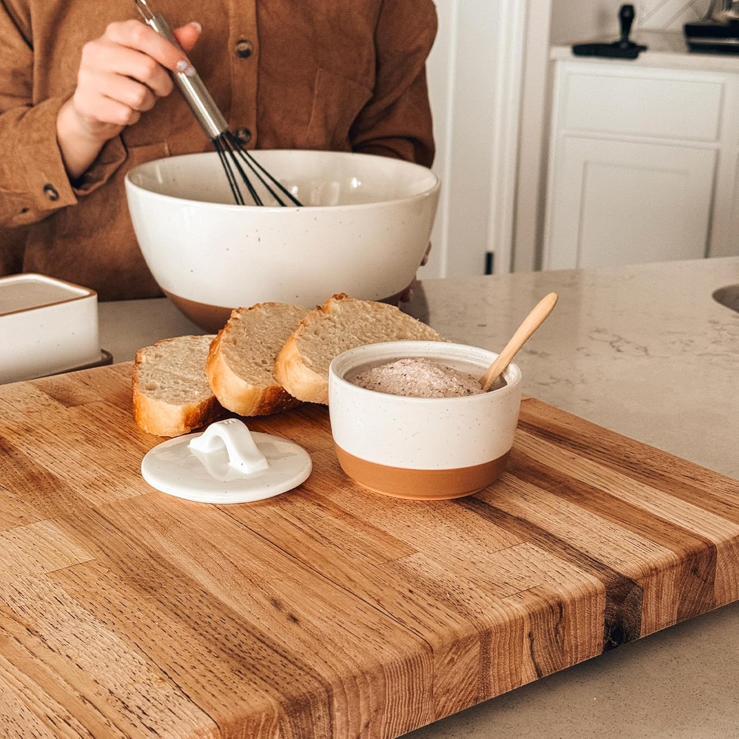 Mora Ceramic Salt and Pepper Cellar Set with Lid - 10 oz Modern Canister/Container/Bowl for Storage, Sea Salt, Spice, Sugar, Countertop - Small Dish/Jar with Wood Spoon, White Crock