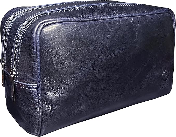 RUSTIC TOWN Leather Toiletry Bag for Men - Travel Shaving Dopp Kit - Bathroom Shower Toiletries Organizer - Leather Cosmetic Bag for Women (Oxford Blue)
