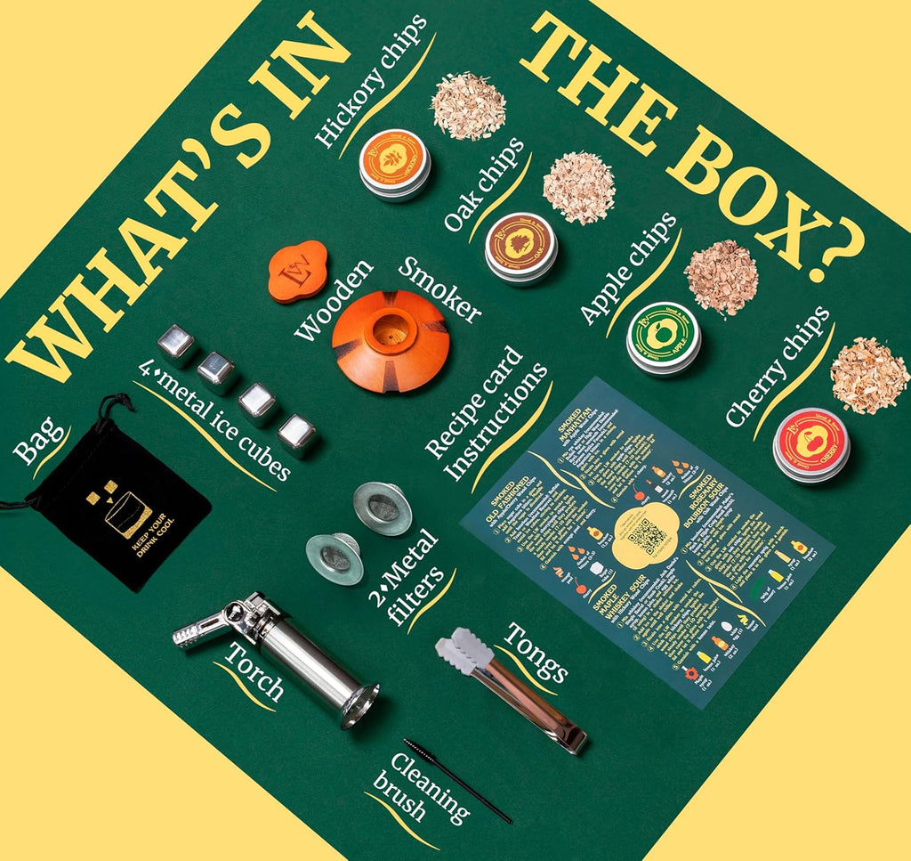 Whiskey Smoker Kit with Torch – Natural Wood Box, 2 Metal Filters, Whiskey Stones – Old Fashioned Cocktail Smoker Kit, Men Birthday Gift Ideas, Gifts for Dad, Husband, Women, Mom (No Butane)