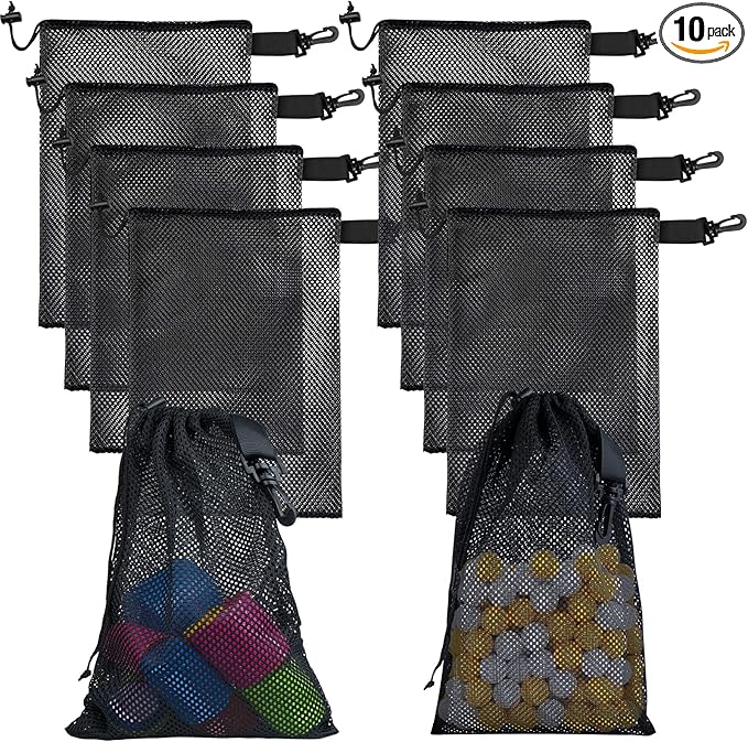 10 PCS With Clips Mesh Drawstring Bags, Portable Nylon Storage Bags for toy,Sports Storage,Outdoor activities etc. (11.8x15.7in)