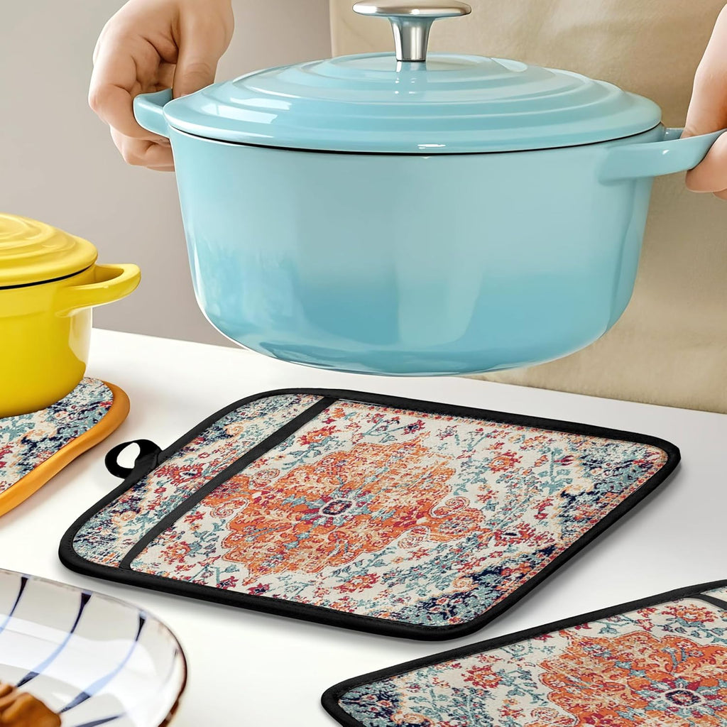 Rustic Vintage Boho Pot Holders for Kitchen, Abstract Orange Blue Boho Ethnic Floral Botanical Heat Resistant Hot Pads and Oven Mitts for Baking Cooking