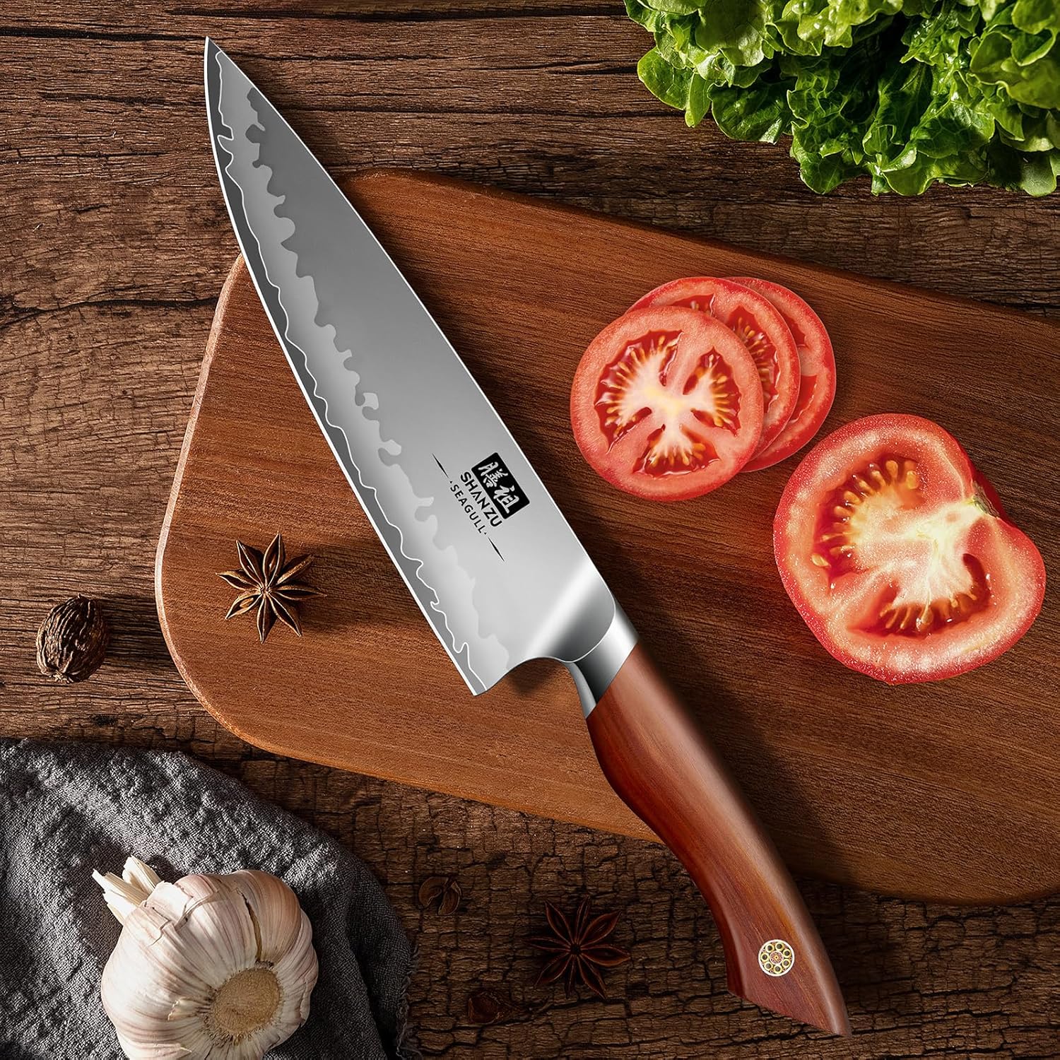 SHAN ZU Chef Knife 8 Inch, American S35VN Powder Steel Sharp Kitchen Knife, Professional Cooking Knife with Ergonomic Red Sandalwood Handle, Meat Cutting Gyuto Knife, Gifts for Women & Men