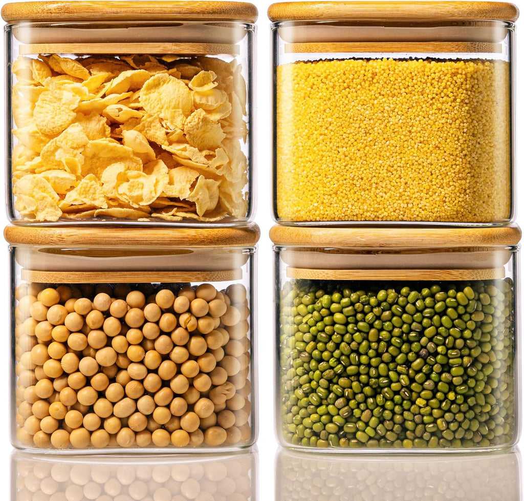 21oz - 4 Pack Square Glass Jars with Bamboo Lids, Glass Food Storage Containers with Airtight Lids, Air Tight Pantry Storage Containers for Coffee, Sugar, Spice, Meal Prep Jars for Salad & Fruit