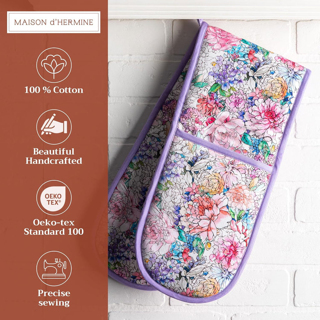 Maison d' Hermine Double Oven Mitts 100% Cotton 7"x35" Double Oven Mitt Heat Resistant BBQ Cooking Gloves with Loop, Baking, Grilling, Home, Kitchen, Handling Hot Pans Spring Summer (Floral Love)