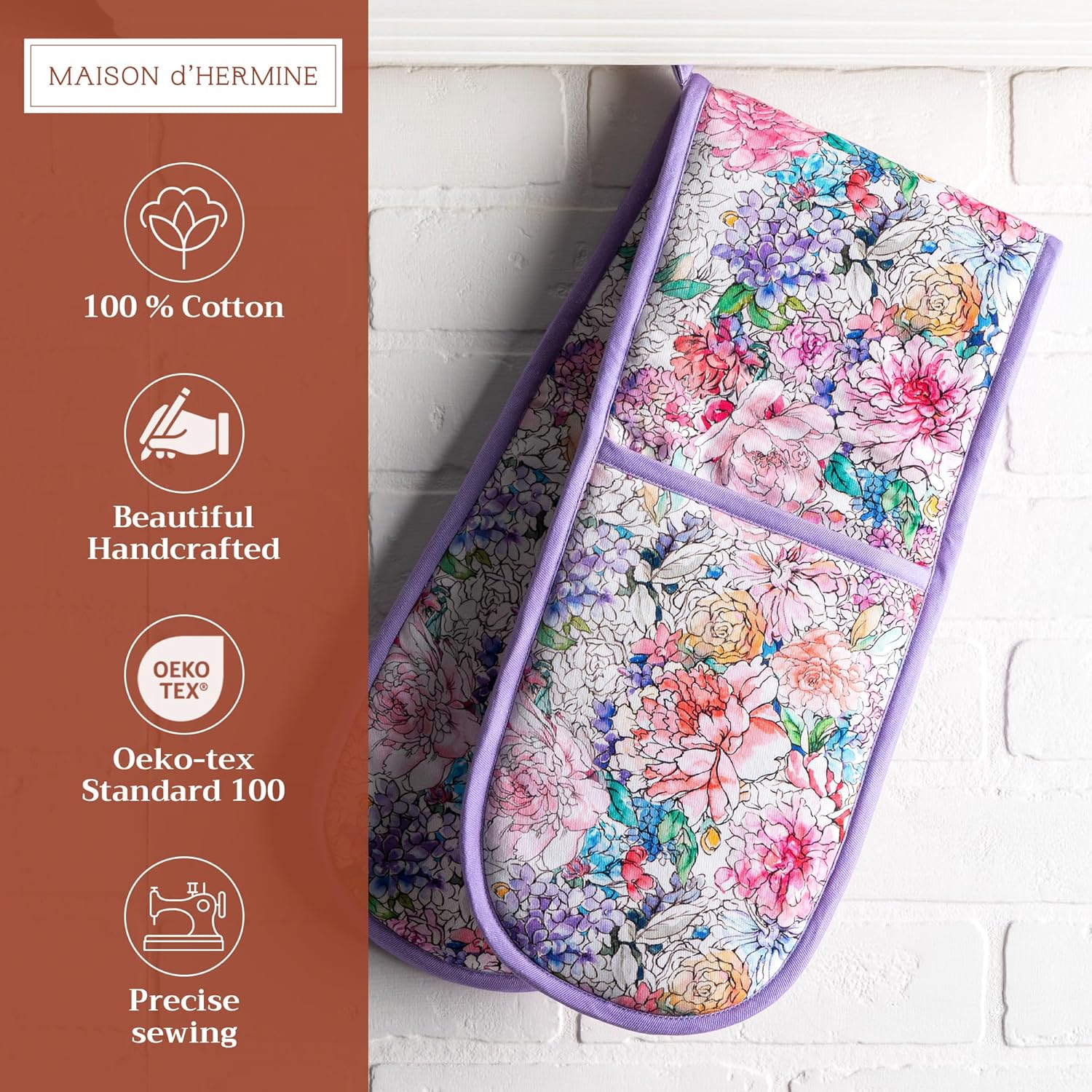 Maison d' Hermine Double Oven Mitts 100% Cotton 7"x35" Double Oven Mitt Heat Resistant BBQ Cooking Gloves with Loop, Baking, Grilling, Home, Kitchen, Handling Hot Pans Spring Summer (Floral Love)