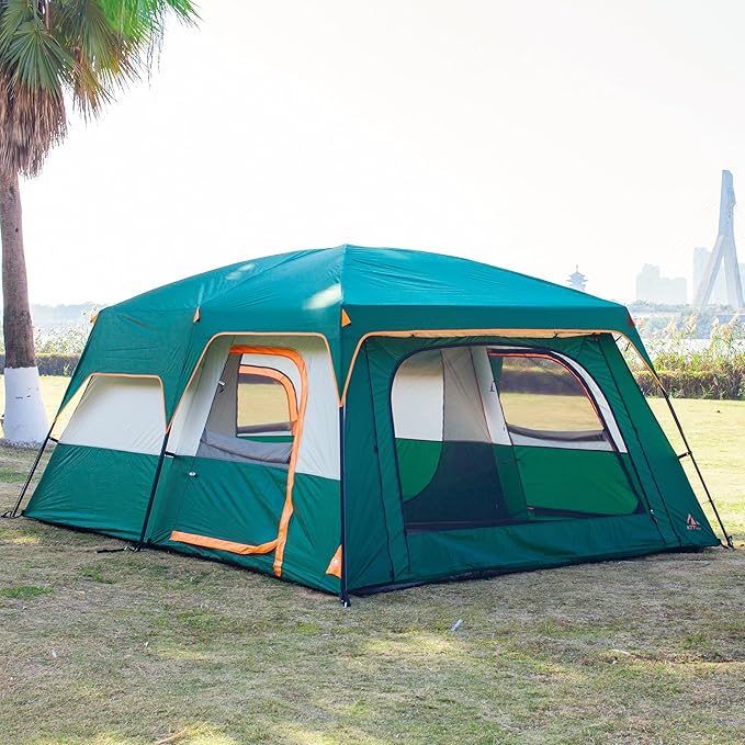 KTT Extra Large Tent 10-12-14 Person(B),Family Cabin Tents,2 Rooms,3 Doors and 3 Windows with Mesh,Straight Wall,Waterproof,Double Layer,Big Tent for Outdoor,Picnic,Camping,Family Gathering