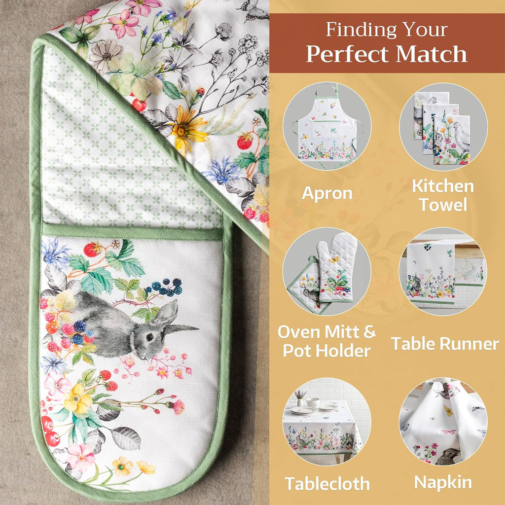 Maison d' Hermine Double Oven Mitts 100% Cotton 7"x35" Double Oven Mitt Heat Resistant BBQ Cooking Gloves with Loop, Baking, Grilling, Home, Kitchen, Handling Hot Pans Spring Summer (Printemps)