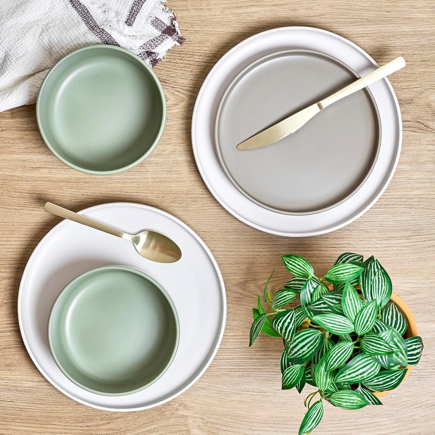 Sango Rollo Alta 12-Piece Modern Stoneware Dinnerware Set- Sage/Sand/White, Includes Dinner & Salad Plates, Cereal Bowls, Microwave & Dishwasher Safe, Highly Chip and Crack Resistant, Service for 4