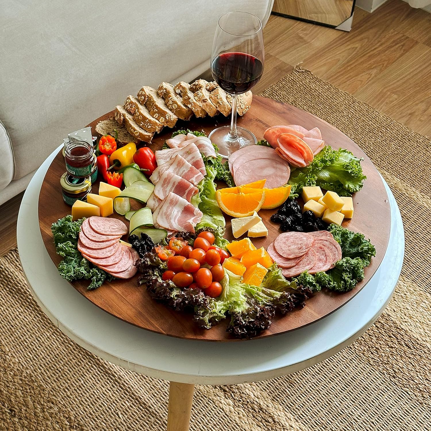 21" Acacia Wood Lazy Susan for Table Top - Wooden Turntable Serving Tray for Charcuterie Boards Cheese Board - Extra Large Round Lazy Susan Organizer - Kitchen Revolution for Countertop