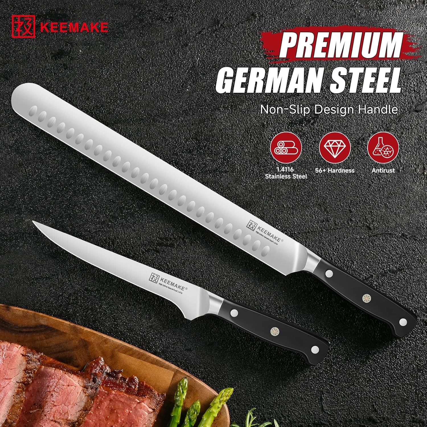 KEEMAKE BBQ Carving Knife Set, Brisket Knife and Boning Knife for Meat Cutting, High Carbon Stainless Steel Sharp Knives Set for Kitchen, Carving Knives for Roast Meat Ham Turkey