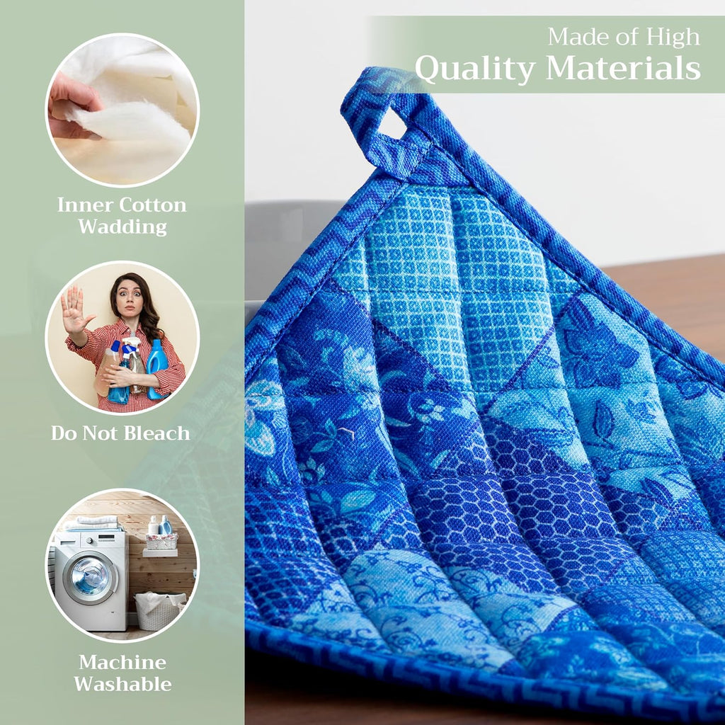 Maison d' Hermine Pot Holders 100% Cotton Heat Resistant Potholders 8" x 8" Hot Pads with Loop BBQ, Cooking, Baking, Grilling, Kitchen, Handling Hot Pans Spring/Summer (Pack of 1, Indigo Love)