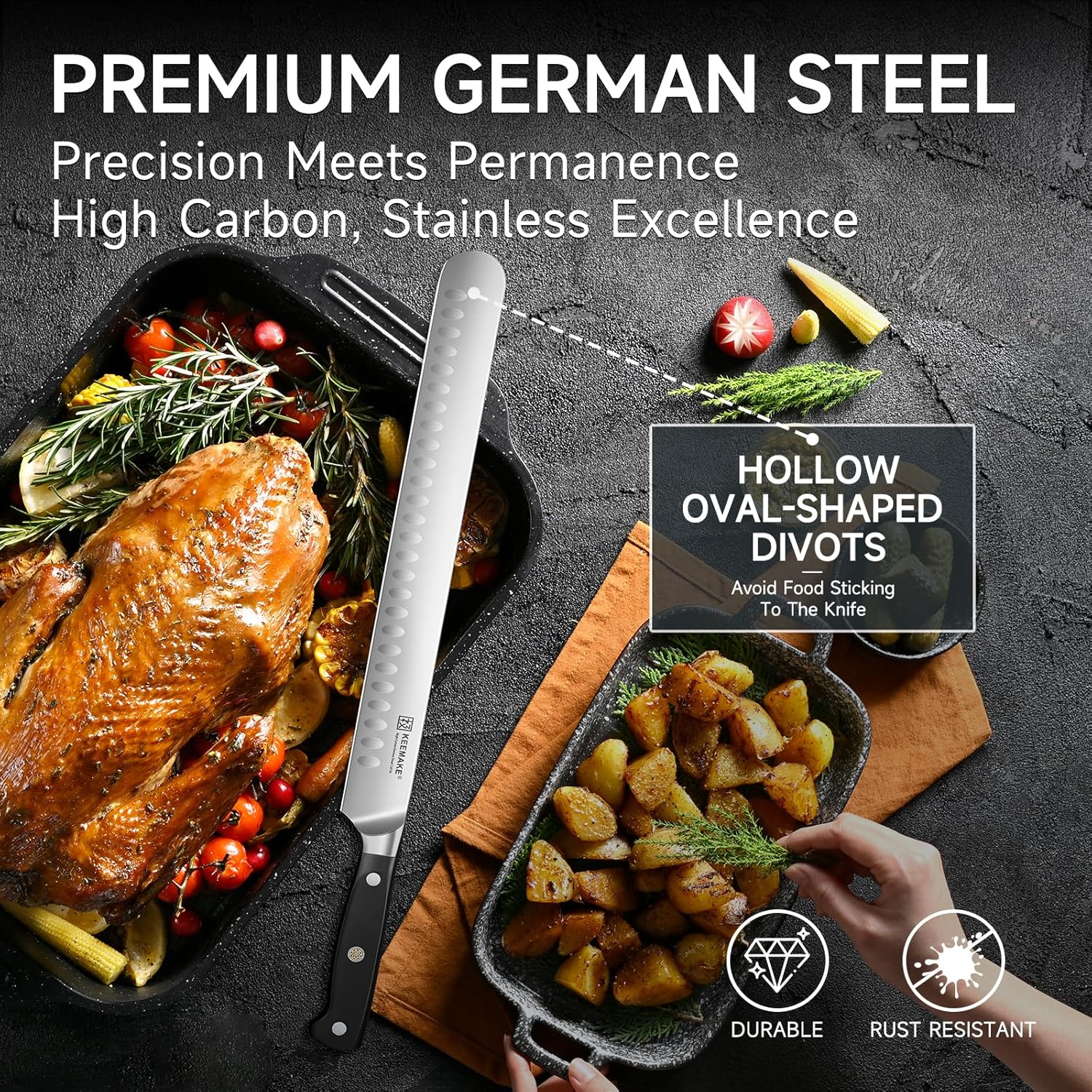 KEEMAKE Brisket Knife 12.5 Inch, Slicing Carving Knife, High Carbon Stainless Steel Sharp Kitchen Knife with Ergonomic Handle Full Tang Design for Ham Meat Cutting and BBQ