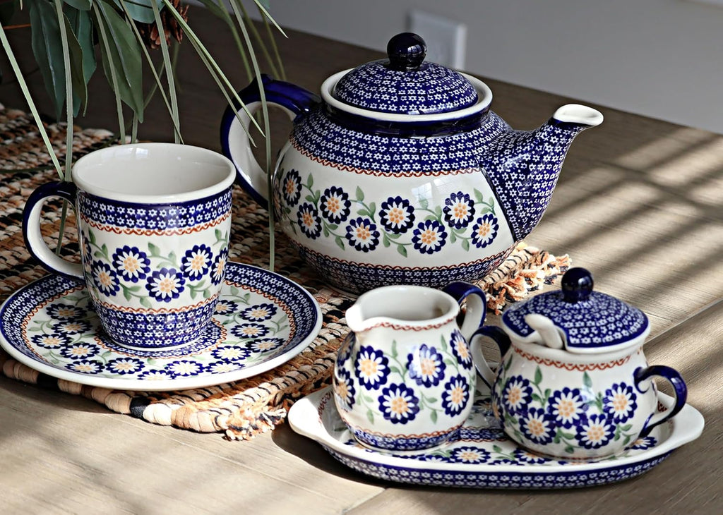 Blue Rose Polish Pottery Peach Blossom Sugar & Creamer Set with Tray