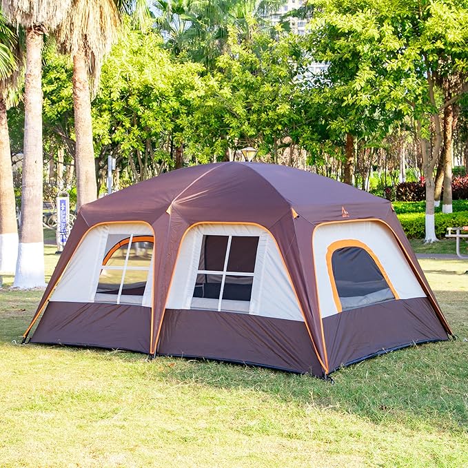 KTT Extra Large Tent 10-12-14 Person(A),Family Cabin Tents,2 Rooms,3 Doors and 3 Windows with Mesh,Straight Wall,Waterproof,Double Layer,Big Tent for Outdoor,Picnic,Camping,Family Gathering