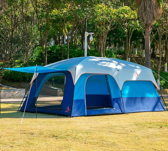 KTT Extra Large Tent 10-12-14 Person(A),Family Cabin Tents,2 Rooms,3 Doors and 3 Windows with Mesh,Straight Wall,Waterproof,Double Layer,Big Tent for Outdoor,Picnic,Camping,Family Gathering