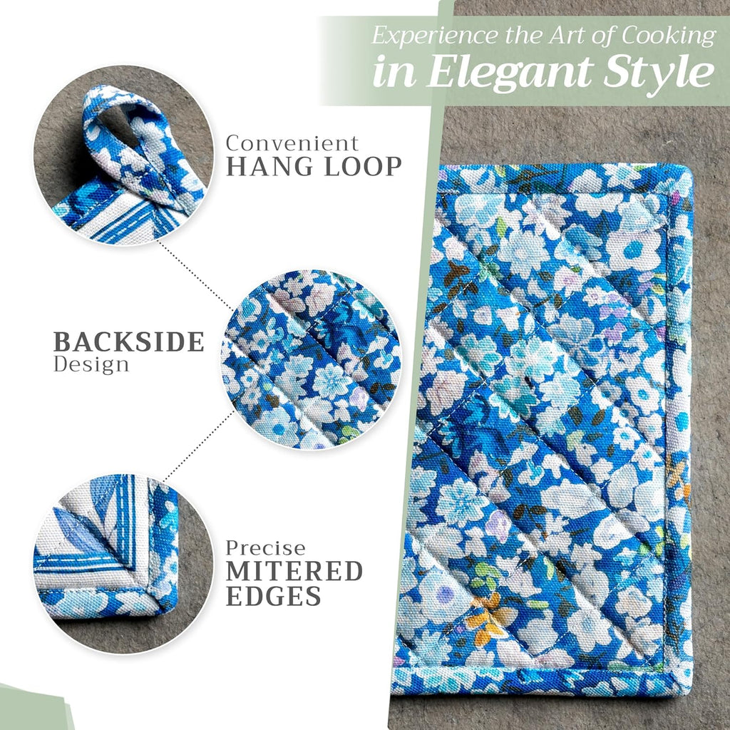 Maison d' Hermine Pot Holders Set 100% Cotton Heat Resistant Potholders 8" x 8" Hot Pads with Loop BBQ, Cooking, Baking, Grilling, Kitchen, Handling Hot Pans Spring/Summer (Pack of 2, Summer Blues)