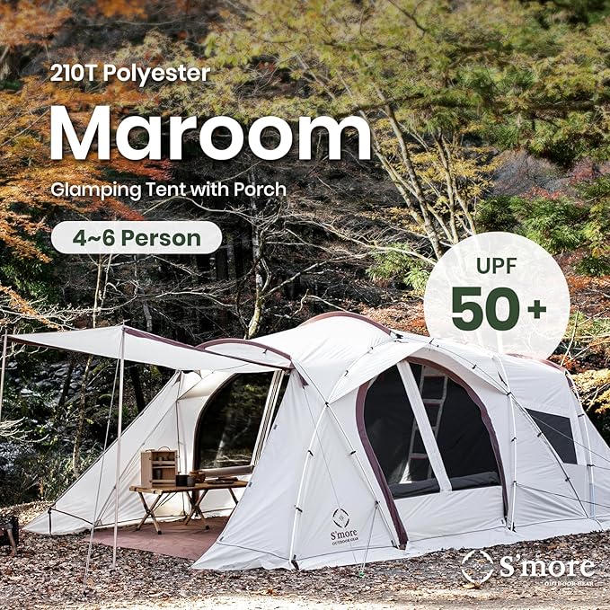 S'More Glamping Tent with Porch, 2/3/4/5/6 Person Durable Weatherproof Camping Tent, Large Family Tent with Room Divider, Easy Setup Tent with Screen Room