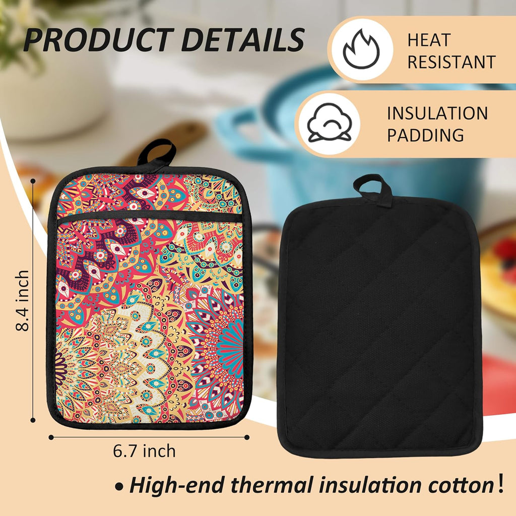 Colorful Abstract Mandala Floral Pot Holders for Kitchen, Boho Vibrant Ethnic Flower Botanical Heat Resistant Hot Pads and Oven Mitts for Baking Cooking
