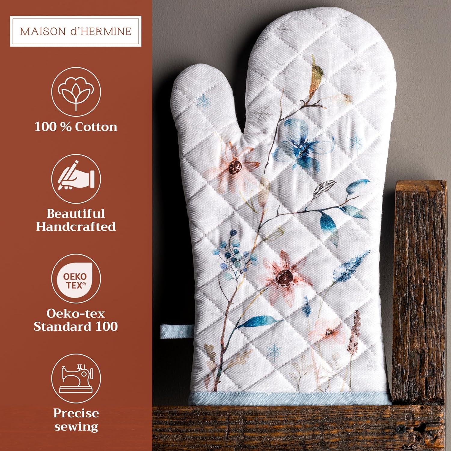 Maison d' Hermine Oven Gloves 100% Cotton Oven Mitt 7" x 13" with Loop Heat Resistant, BBQ, Cooking Gloves, Baking, Grilling, Kitchen, Handling Hot Pans (Pack of 1, Ice Florals)