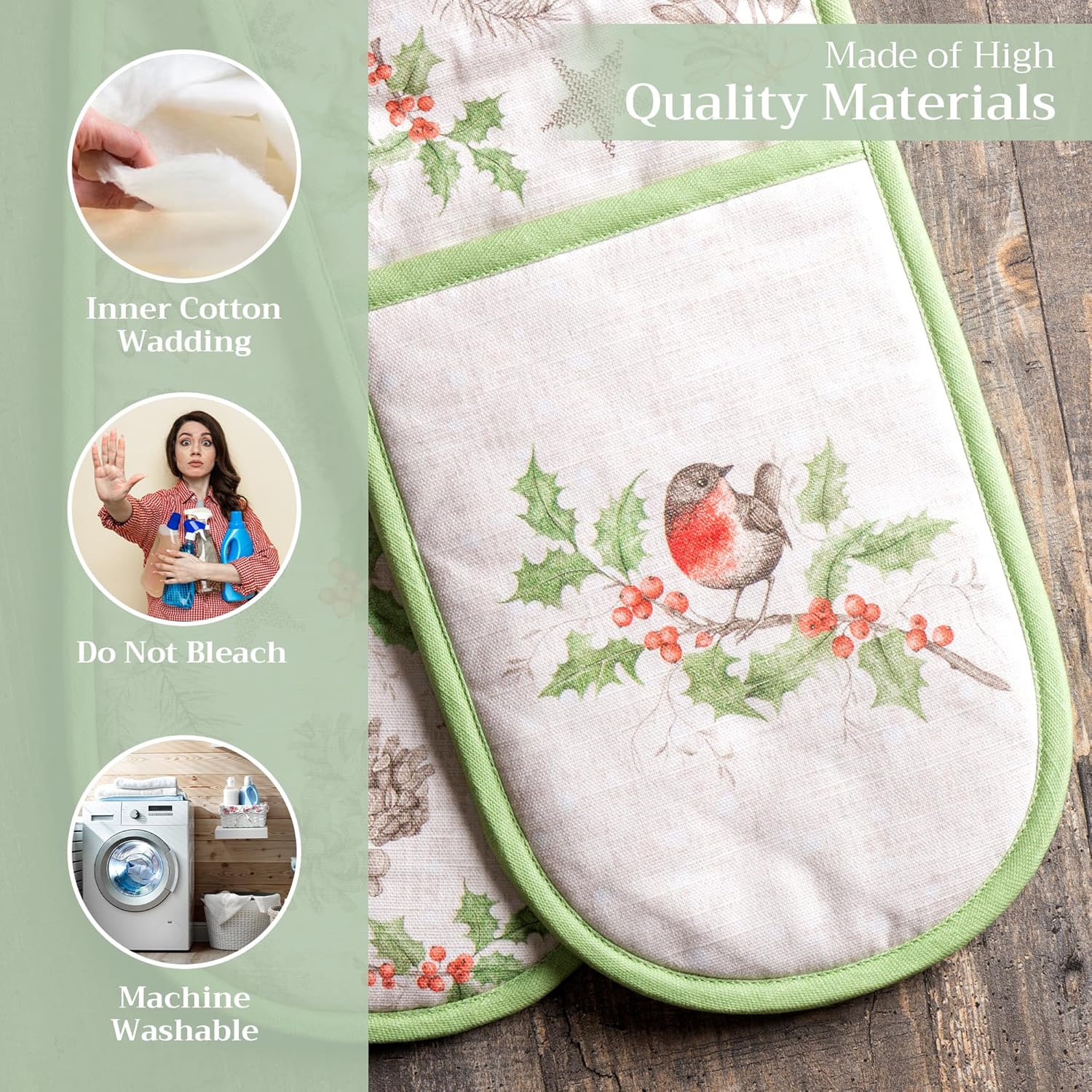 Maison d' Hermine Double Oven Mitts 100% Cotton 7"x35" Double Oven Mitt Heat Resistant BBQ Cooking Gloves with Loop, Baking, Grilling, Home, Kitchen, Handling Hot Pans (Christmas Dew)