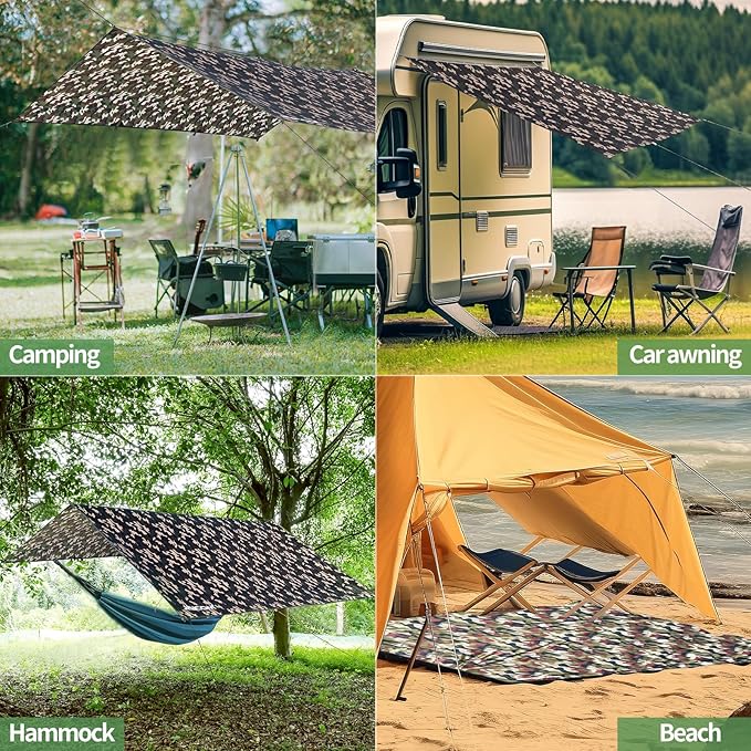 Waterproof Camping Tarp - 10X13ft Hammock Rain Fly, Ultralight & Portable & UV Protection Backpacking Tarp, Multifunctional for Outdoor Adventure, Hiking, Tent, Hammock