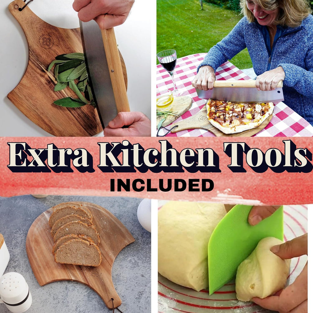 Reversible Ceramic Pizza Stone for Oven - Pizza Stones for Grill with Handles, Pizza Peel, Pizza Cutter, Dough Tool - Bread Baking Stone - 15 inch Ceramic Pizza Pan - Pizza Making Kit - Oven Stone