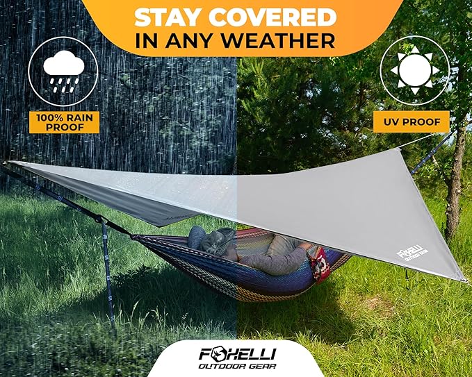 Foxelli Hammock Rain Fly - Waterproof Lightweight Tent & Hammock Rain Tarp for Camping, Backpacking w/Easy Setup Including Extra Long Guy Lines & Stakes