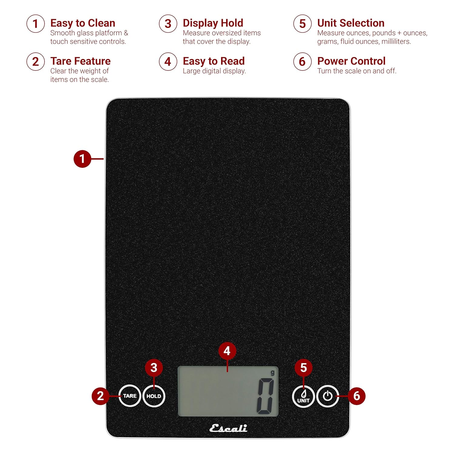 Escali Arti Glass Food Scale Digital Countertop Kitchen, Baking and Cooking Scale with Nutrition and Calorie Counter, 15-Pound Capacity, 9" x 6.5" x .75", Black