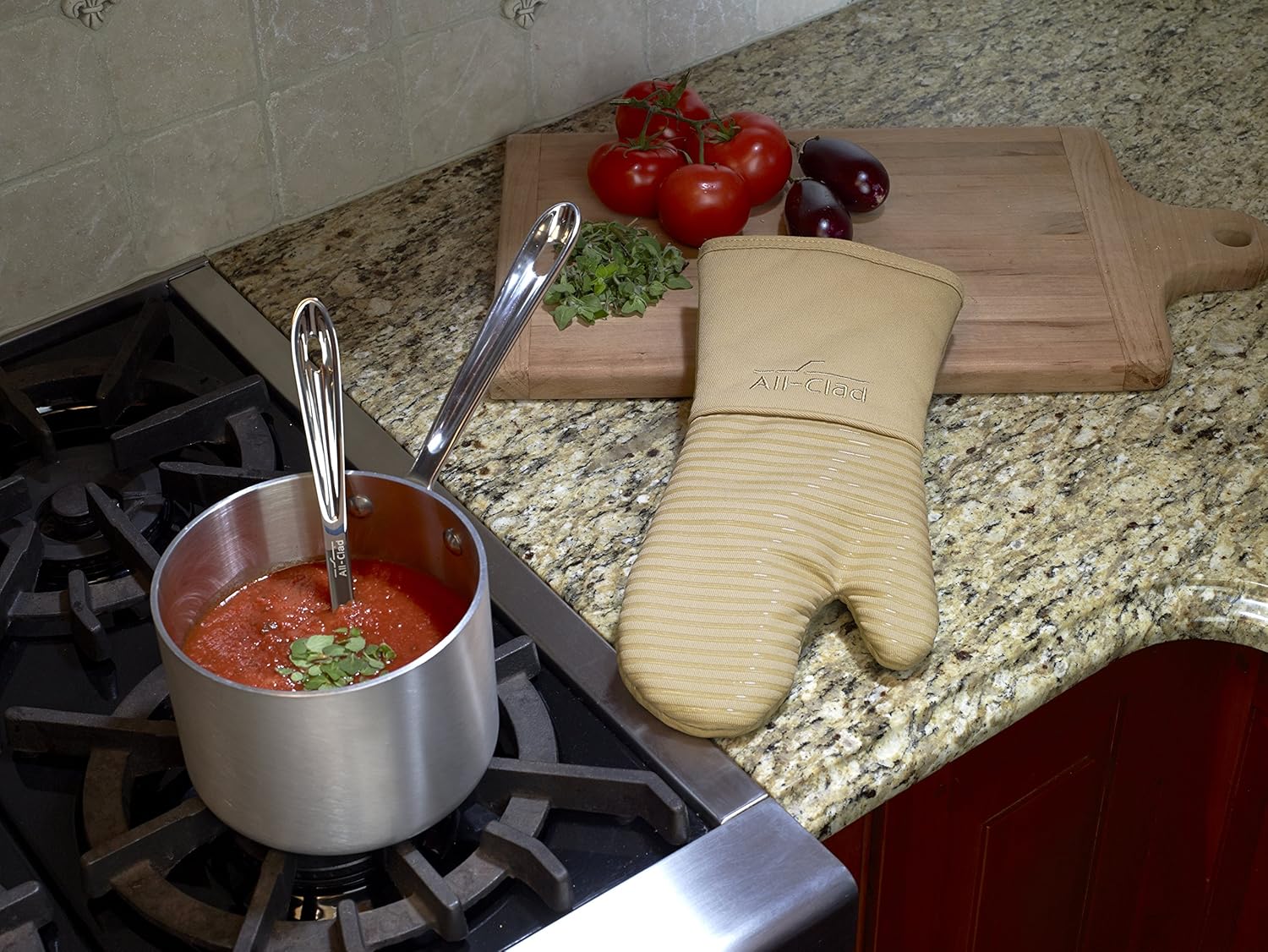 All-Clad Premium Silicone Oven Mitt: Heat Resistant to 500 Degrees - 100% Cotton & Silicone, 14"x7" Pot Holder for Kitchen and Barbeque, (1-Pack), Cappuccino