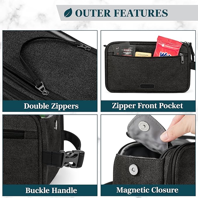 PAVILIA Toiletry Bag for Men, Canvas Travel Dopp Kit, Water Resistant Hygiene Bag Toiletries Organizer, Shaving Kit Travel Accessories Bag, Black